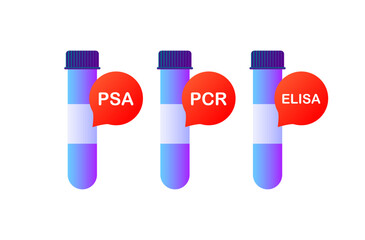 PCR, PSA, ELISA flacons. Flat, color, PCR test, PSA and ELISA flacons. Vector icons