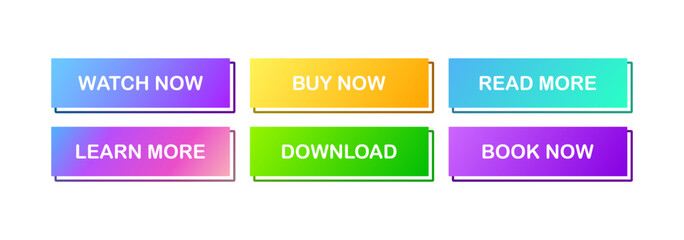 View buttons. Flat, color, watch now, buy now, learn more, read more, download, book now buttons. Vector icons