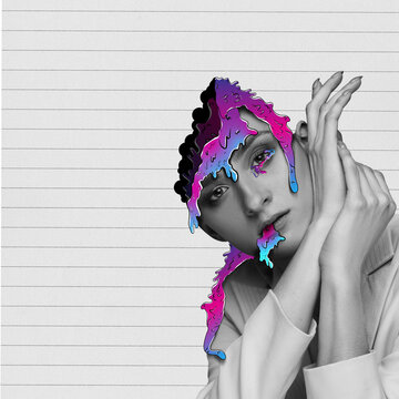 Fototapeta Young woman suffering from mental breakdown and obsessive thoughts. Feeling tired. Contemporary art collage. Concept of surrealism, psychology, inner world, imagination, diversity. Ad