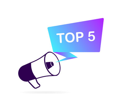 Top 5 sign. Flat, color, megaphone icon, top5 megaphone. Vector illustration