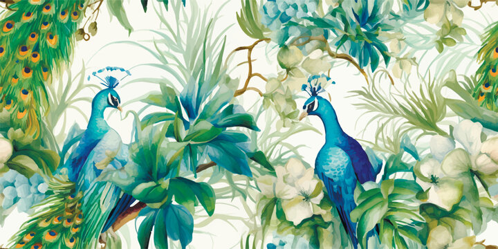 Luxurious peacock, plants and flowers. Vector Vintage Modern seamless pattern of tropical palm leaves, fern, peacock feather, butterfly for pattern, wallpaper or background. Fashionable template