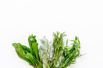 Fresh green basil cumin rosemary for cooking ingredients, top view