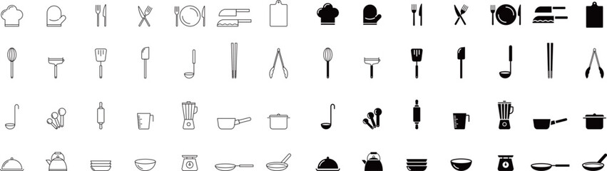 線画とシルエットの料理道具のアイコンセット