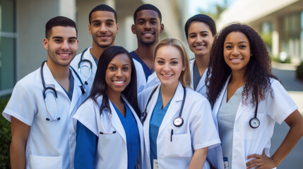 Diversity in medicine: Young medical students, asian, black, white, hispanic, wearing scrubs 
