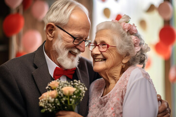 Elderly Couple Sharing a Tender Moment During the Celebration, love and happiness  