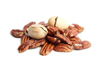 Pecan nuts in shell and peeled pecan kernels isolated on white background. Pecans, a crunchy and satisfying snack for any occasion