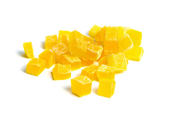 Diced mango dried fruits isolated on white background. Dehydrated mango chips dices