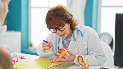 Middle age woman doctor and patient holding anatomical model of uterus speaking at clinic