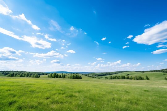 beautiful summer landscape with green meadow and blue sky with clouds