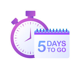 Calendar and stopwatch. Flat, purple, 5 days to go, countdown stopwatch, days to go calender. Vector illustration