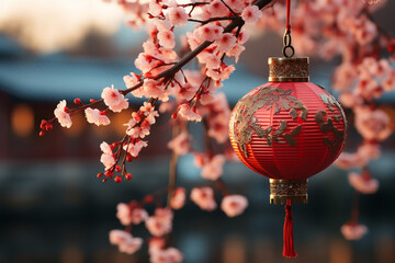 Obraz premium Sakura cherry blossom and red paper lantern with copy space