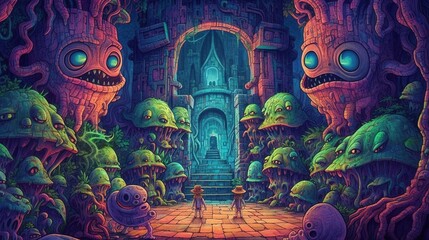 Surreal mythical golems in the castle . Fantasy concept , Illustration painting.