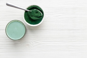 Green Latte with Spirulina algae powder, dietary supplement for vegan
