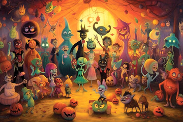A group of friendly monsters, halloween party concept. Generative Ai