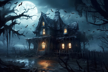 Fototapeta na wymiar spooky haunted house, halloween greeting card. Generative Ai