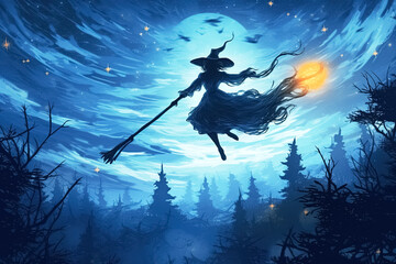 witch flying, halloween concept. Generative Ai