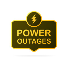 Power outages plate. Flat, yellow, battery discharge, power sign, lightning icon, outages battery plate. Vector icon