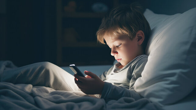 Child is addicted to a phone Sleepy exhausted lying in bed using a smartphone, Insomnia, and addicted. Sad bored in bed scrolling through social networks  at night in the dark