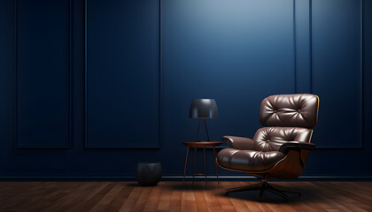 Interior of light room with leather armchair on empty dark wall
