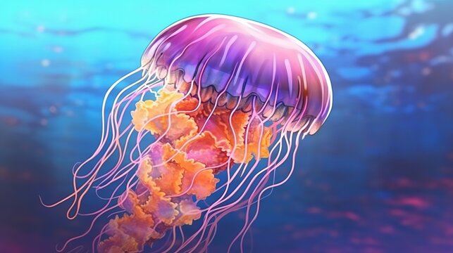 Graceful jellyfish floating in the ocean . Fantasy concept , Illustration painting.