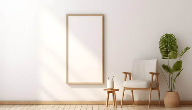 Interior poster mock up with vertical empty wooden frame