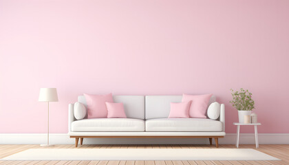  Interior wall mockup with empty white wall pink sofa