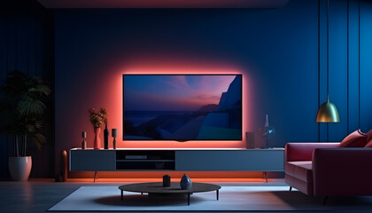 LED TV on the dark wall in living room minimal design - obrazy, fototapety, plakaty