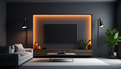 LED TV on the dark wall in living room minimal design