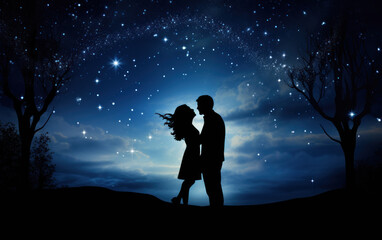 Silhouette of a romantic couple standing hugging on beauty night sky with shining stars