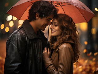 Couple romantic moment under rain, using umbrella