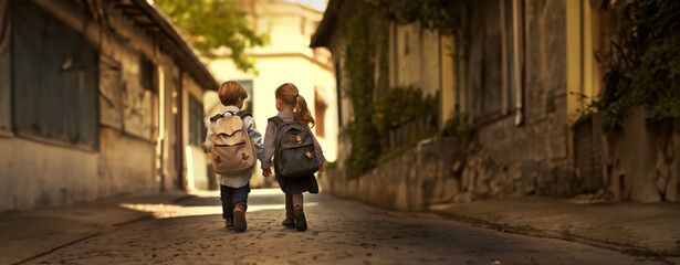 Fototapeta na wymiar Schulfreunde Junge und Mädchen Rückenansicht mit Schultasche auf dem Weg zur Schule im Querformat als Banner, ai generativ