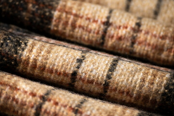 Soft checkered woolen cloth, fashion industry, cozy blanket in warm tones
