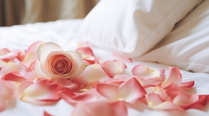 Honeymoon romantic room, rose petals scattered on bed for honeymoon lover