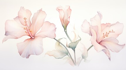Fototapeta na wymiar Pink delicate lilies. Elegant, romantic lily flowers background. Floral botanical watercolor AI illustration for decor, greeting, invitation card for wedding..