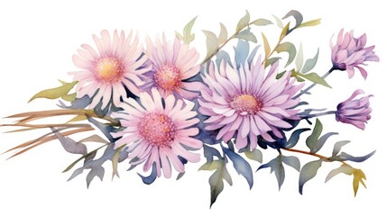 Chrysanthemum, aster fall floral bouquet. Chrysanthemums, asters fall flowers background. Autumn AI watercolor illustration.