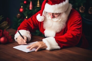 Fototapeta na wymiar Close up of Santa Claus hands writing letter
