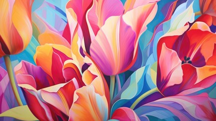 Colorful bright tulips, floral botanical background. Painting spring blooming tulip flowers. Watercolor AI illustration. Easter card, wedding invitation, blog decoration, wallpapers.. - obrazy, fototapety, plakaty