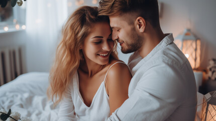 Fototapeta premium Happy adult couple hug with love and tenderness in bedroom leisure activity