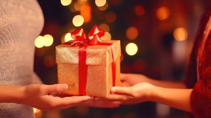 Heartwarming Holiday Gesture: Close-up of Present Exchange