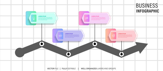 Timeline infographic with infochart. Modern presentation template with 4 steps for business process. Website template on white background for concept modern design. Horizontal layout.
