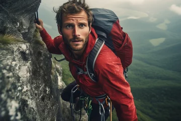 Fotobehang Mountaineering. A man climbs a rocky mountain to the top. extreme sport. generative ai. © robertuzhbt89