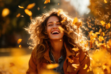 City Park Delight: Carefree Woman Enjoying Autumn Leaf Toss