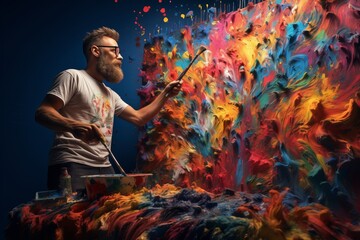A male artist paints a large art picture in rich colors. The concept of mystery. generative ai.