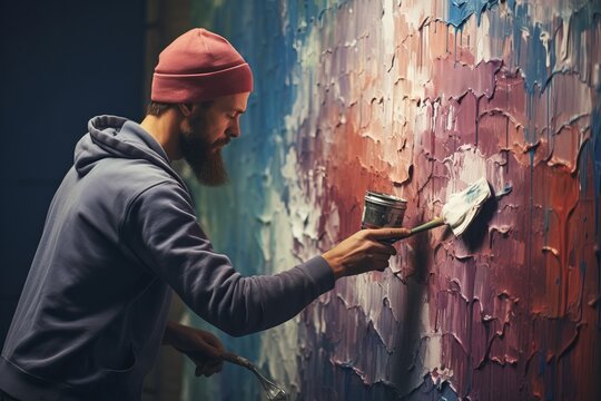 A male artist paints a large art picture in rich colors. The concept of mystery. generative ai.