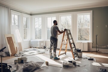 a male craftsman is doing whitewash in the room. repair at home. generative ai.