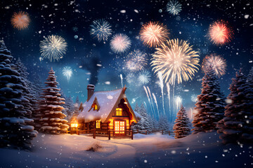 Naklejka premium Abstract New Year, Christmas background. Winter holidays. Houses covered with snow