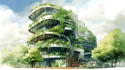 Watercolor modern eco green building city environment background. 8k resolution