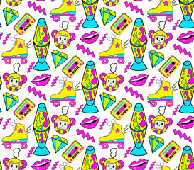 Obraz premium Trendy 90s style seamless pattern with neon items elements,Fashion texture with patch, stickers. Pop art wallpapers, textile and wrapping print. Vector illustration