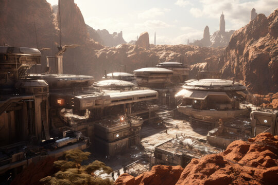 Futuristic Image of Red Planet with Modern Buildings and Green Trees for Human Beings