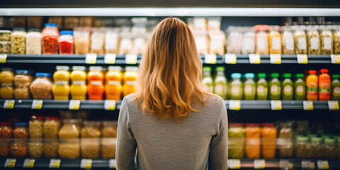 Back View of Woman Selecting Groceries - obrazy, fototapety, plakaty